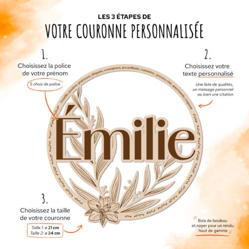 Couronne murale en bois personnalisée avec prénom et fleurs, décoration artisanale française.