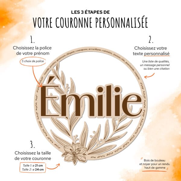 Couronne murale en bois personnalisée avec prénom et fleurs, décoration artisanale française.