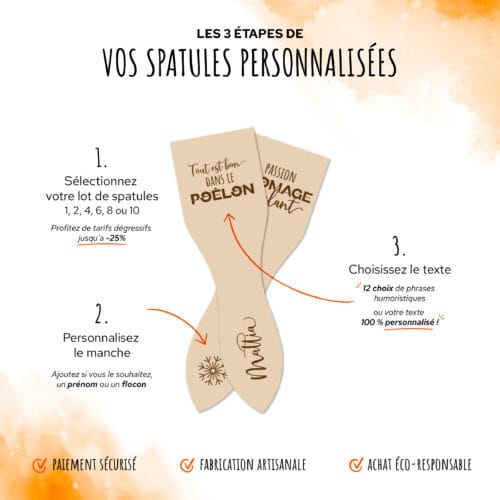 Lot de spatules à raclette en bois personnalisées avec gravure de prénoms et phrases humoristiques.