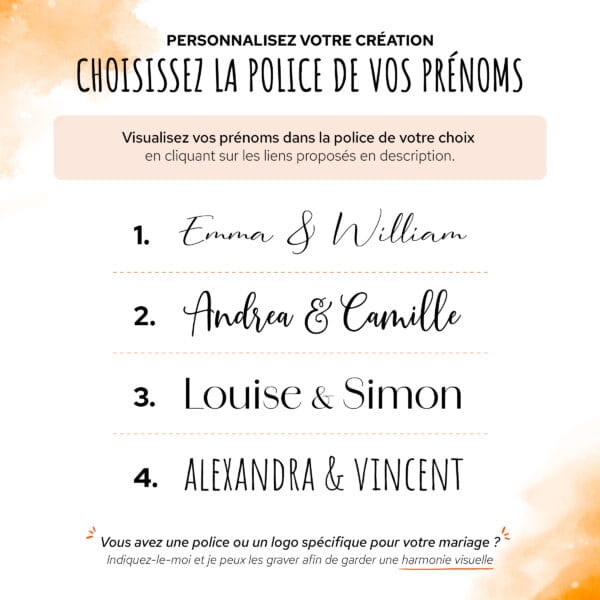 Choix de la police des prénoms des mariés pour la pancarte de décoration pour mariage en bois avec lettres en relief