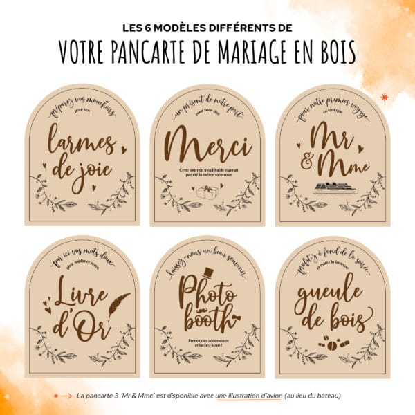 6 modèles différents de pancarte de décoration pour mariage en bois avec lettres en relief