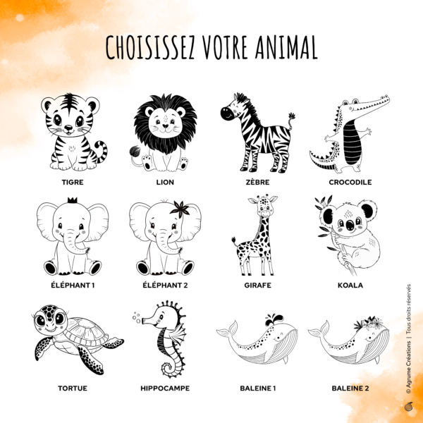 25 choix d'animaux illustrés tigre, lion, zèbre, crocodile, éléphant, girafe, koala, hippocampe, baleine, tortue