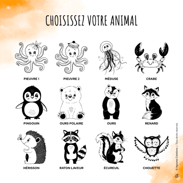 25 choix d'animaux illustrés pieuvre, crabe, méduse, pingouin, ours, renard, hérisson, écureuil, chouette, hibou