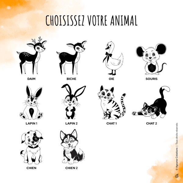 25 choix d'animaux illustrés biche, lapin, chien, chat, souris, oie, daim