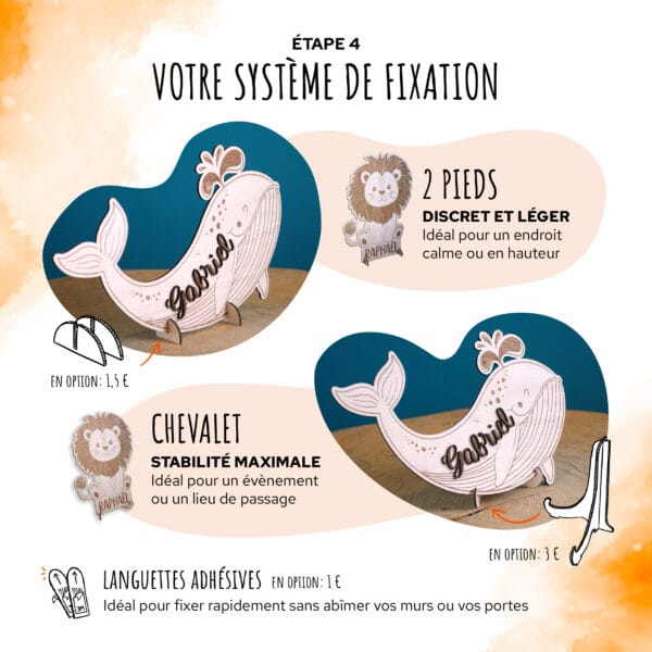 Choix de la fixation pour votre animal en bois personnalisé avec prénom gravure laser sur bois
