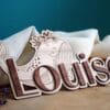 Prénom lettres en bois découpées pour décoration murale personnalisée de chambre bébé.