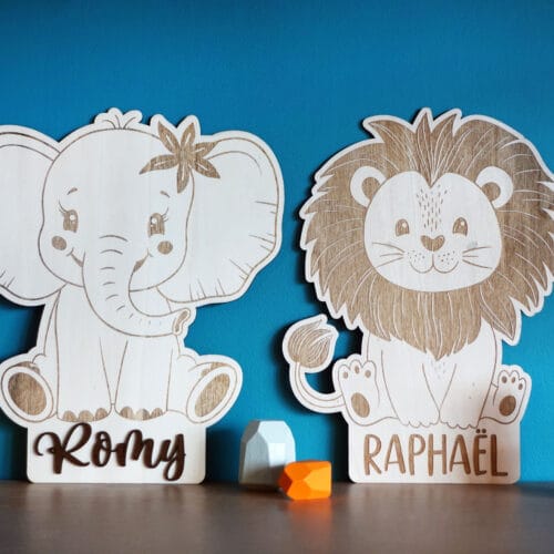 Animaux en bois (éléphant et Lion) personnalisé avec gravure du prénom pour enfant.