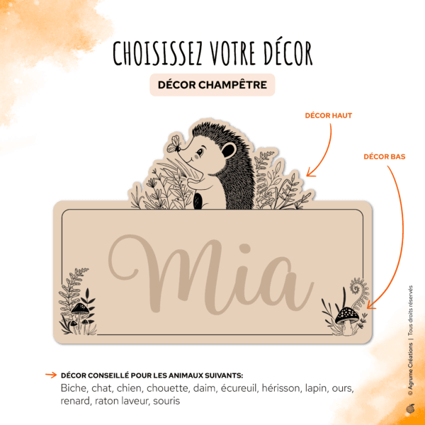 decor-champetre-agrumecreations pancarte de chambre personnalisée avec animal et prénom décor champêtre hérisson