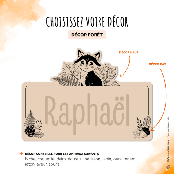 decor-foret-agrumecreations pancarte de chambre personnalisée avec animal et prénom décor foret renard