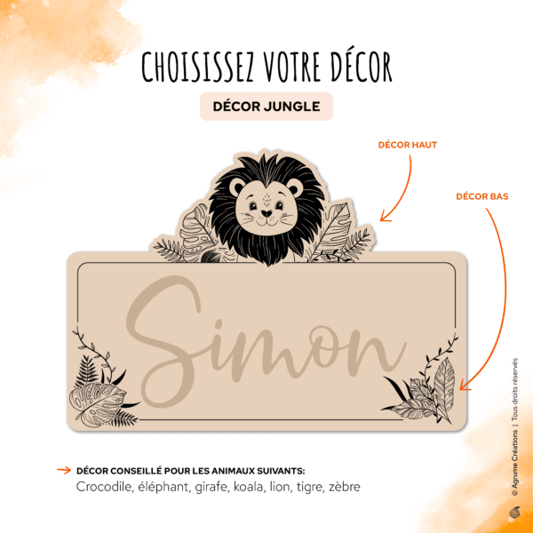 decor-jungle-agrumecreations pancarte de chambre personnalisée avec animal et prénom décor jungle lion