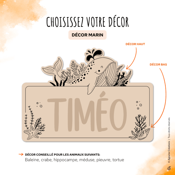 decor-marin-agrumecreations pancarte de chambre personnalisée avec animal et prénom décor marin baleine