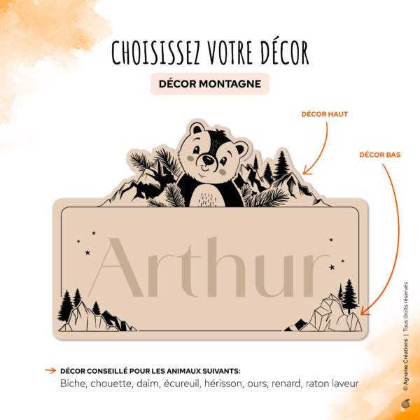 decor-montagne-agrumecreations pancarte de chambre personnalisée avec animal et prénom décor montagne ours