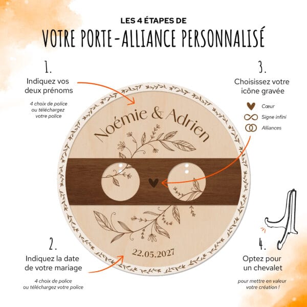 Porte-alliance en bois personnalisé gravé avec prénoms des mariés et date de mariage, création artisanale française