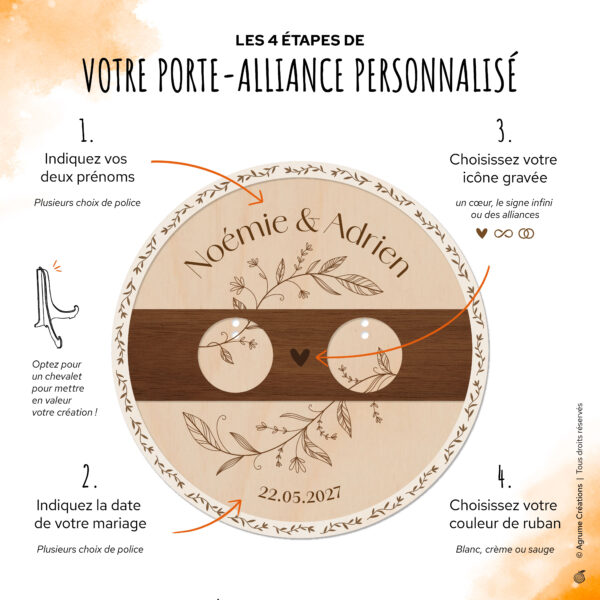 Porte-alliance en bois personnalisé gravé avec prénoms des mariés et date de mariage, création artisanale française